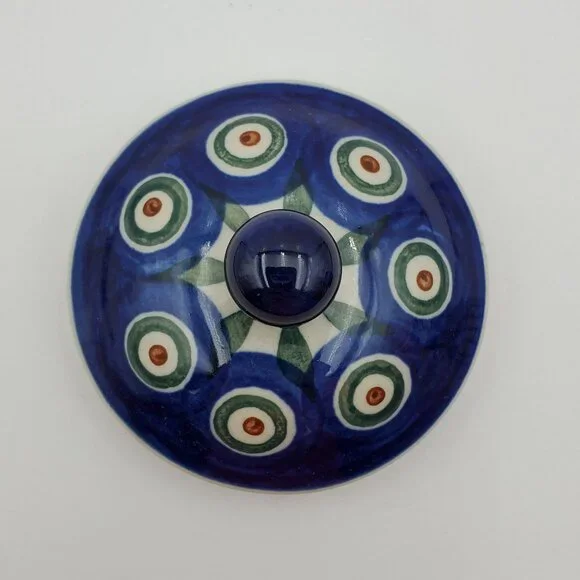 Polish Pottery Peacock Leaves Jar with Lid Peacock Sugar Bowl Small Lidded Jar - Picture 4 of 8